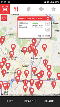 the Range app on a smartphone showing meal locations in Akron, Ohio