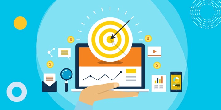 drawing of a hand holding a computer with an arrow hitting a bullseye, surrounded by symbols of data and money