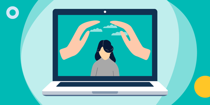 drawing of a computer screen showing a pair of hands sheltering a woman