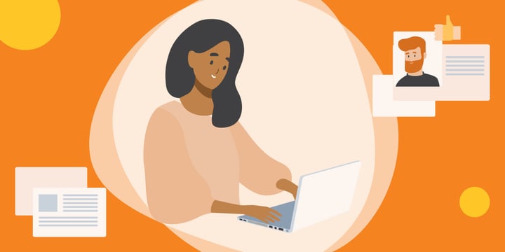 drawing of a woman using a laptop with symbols of support