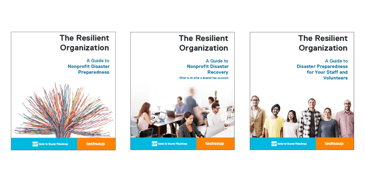 Covers of the three disaster guides: preparedness, recovery, and staff and volunteers