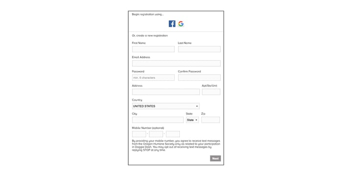 event registration form with an opt-in field for text messages