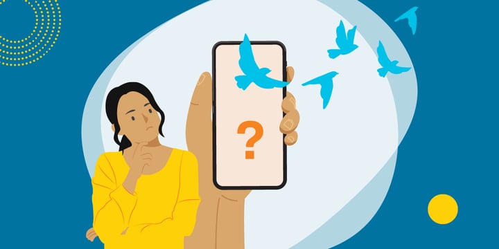drawing of a concerned woman holding a smartphone with a question mark and blue birds flying away