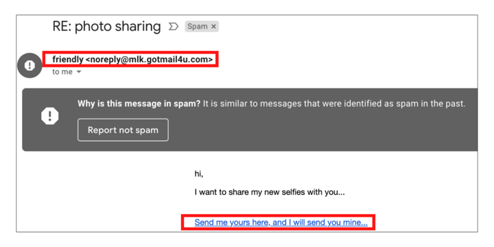 screen shot of a spam email soliciting an exchange of photos