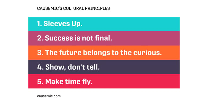 Colorful list of CauseMic's cultural principles: Sleeves up; success is not final; the future belongs to the curious; show, don't tell; make time fly