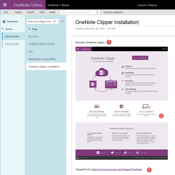 screenshot of the resulting entry in OneNote with shared notes about a web page