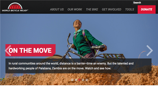 World Bicycle Relief website has a large, red Donate button in top right corner