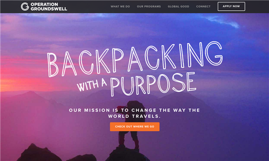 Headline: Backpacking with a Purpose; tag line: Our mission is to change the way the world travels.