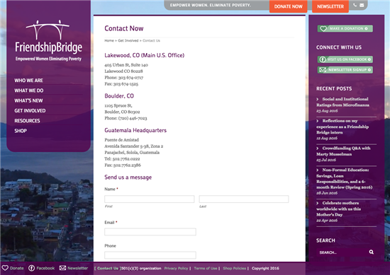 web page with office addresses and phone numbers and an email form people can use to contact FriendshipBridge