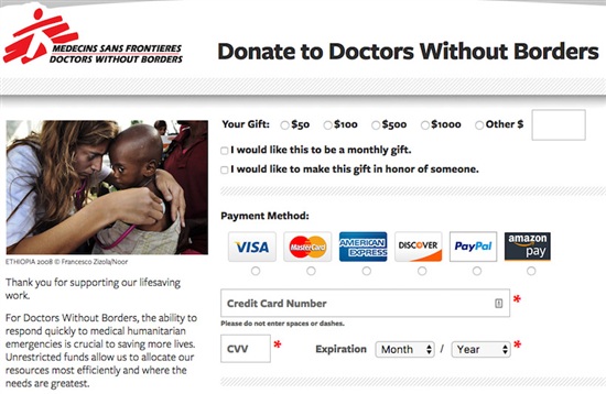 Doctors Without Borders donation page image of doctor helping a child
