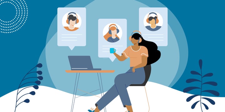 drawing of a woman in a virtual chat with three other people, all wearing headphones