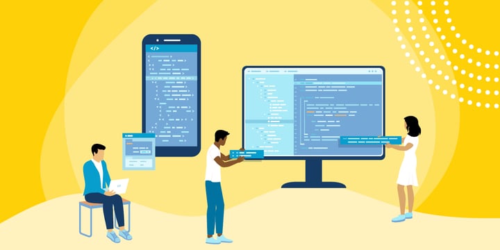 drawing of three people adding code to a smartphone and a desktop computer