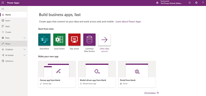 Power Apps start screen showing options to start from data or make your own app