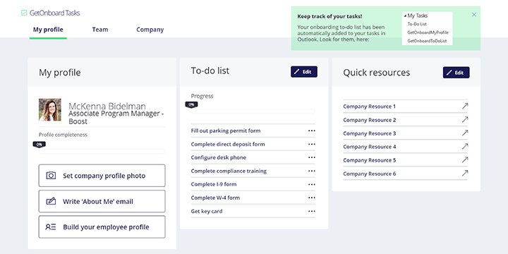 onboarding app template showing my profile, to-do list, and quick resources