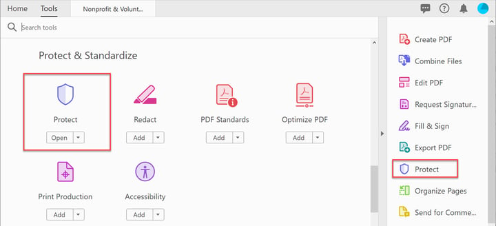 screen shot of the Acrobat Protect tool