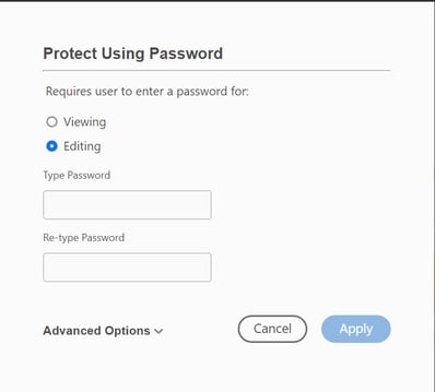 screen shot of the Acrobat option to require a password for editing