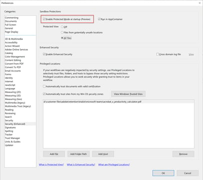 screen shot of the Acrobat option to enable protected mode at startup