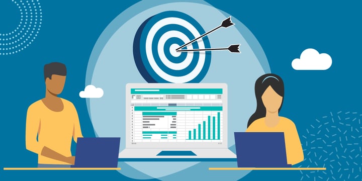 drawing of two people using laptops flanking another computer displaying a spreadsheet below a target with two arrows in the bullseye