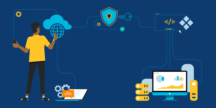 drawing of a man standing and interacting with a workflow that involves devices, the cloud, and secure connections