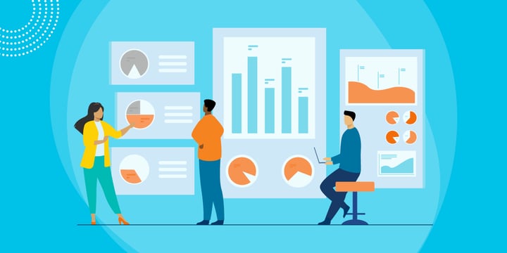 drawing of three people looking at large charts and graphs