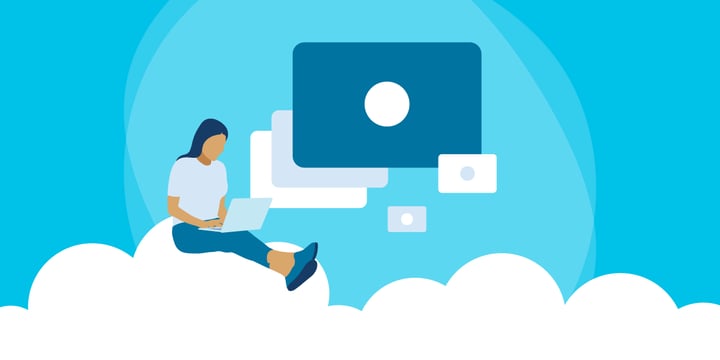 drawing of a woman sitting on a cloud and using a laptop