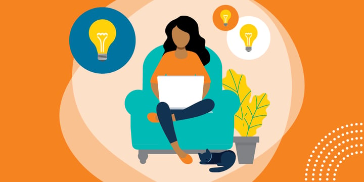 drawing of a woman in an easy chair with a laptop, a cat, and three lightbulb symbols of good ideas