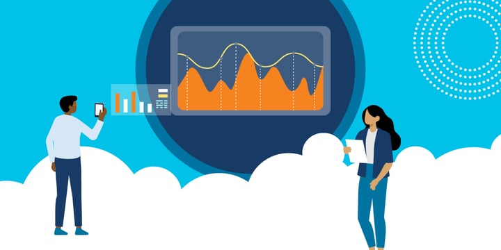 drawing of a man and woman standing on a cloud, the man looking at data charts and the woman at a sheet of paper