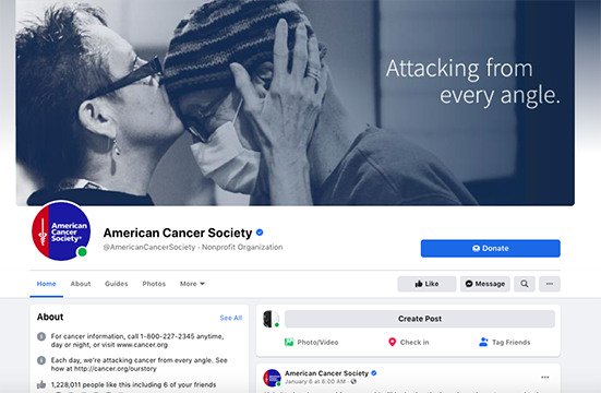 capture of the Home tab of the American Cancer Society's Facebook page showing a prominent Donate button above the tabs
