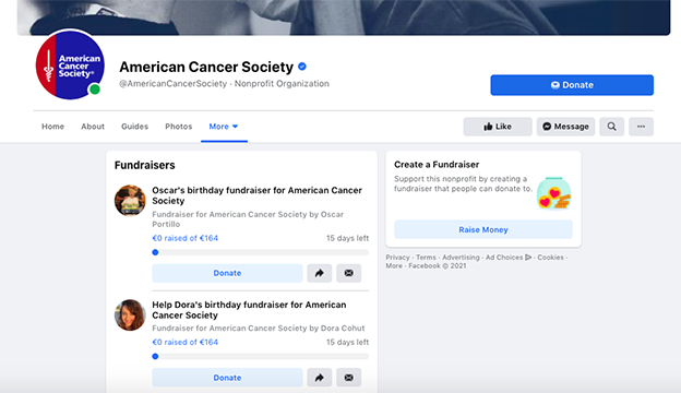 capture of the More tab of the American Cancer Society's Facebook page showing two people's fundraisers