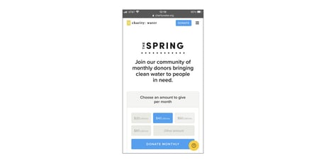charity: water donation screen smartphone version