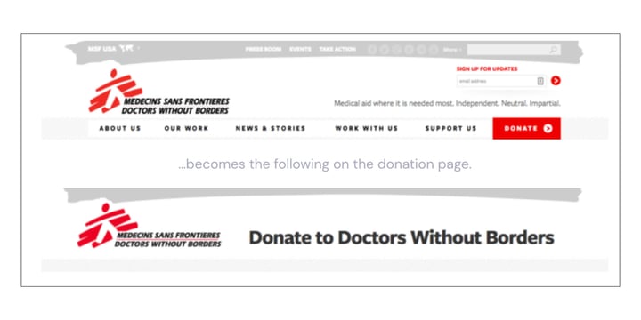 headers from two Doctors Without Borders, the donation page lacking navigation and search