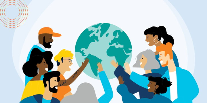 drawing of a diverse group of people reaching out to touch the globe
