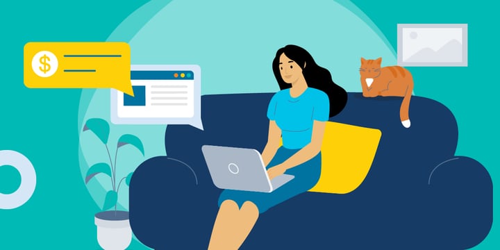 drawing of a woman sitting on a sofa with a cat and using a laptop