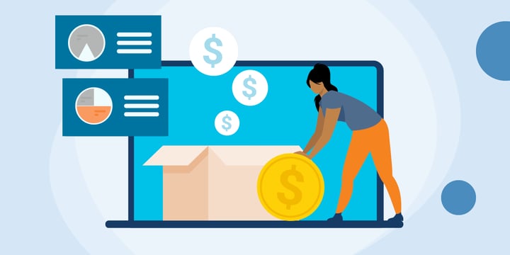 drawing of a woman rolling a gold coin toward a computer with a box of other coins and two charts and graphs