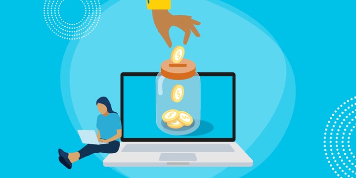 drawing of a woman sitting on a laptop that shows a hand dropping coins into a jar