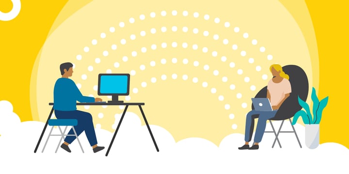 drawing of a man and woman on a cloud working with a desktop computer on a table and a laptop in a chair