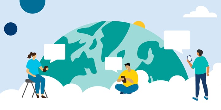 drawing of three people on a cloud texting with mobile devices with the globe in the backgroune