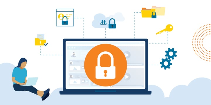 drawing of a woman sitting on a cloud using a laptop and next to a large laptop showing security symbols such as locks and keys