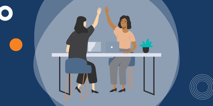 drawing of two women at a table high-fiving