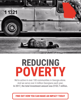 poster titled Reducing Poverty showing a person lying on the sidewalk and a bus in the street