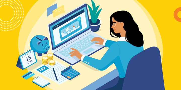 drawing of a woman working at a computer on April 15, with a tax form, piggy bank, coins, calculator, and credit card