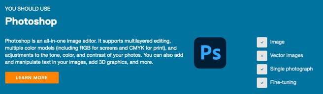 screen capture showing the recommended app, Photoshop, with information about it and a link