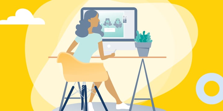 drawing of a woman working on an image on a desktop computer