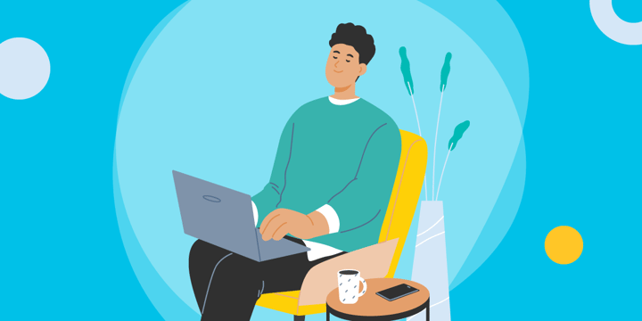drawing of a man sitting in a chair using a laptop on his lap