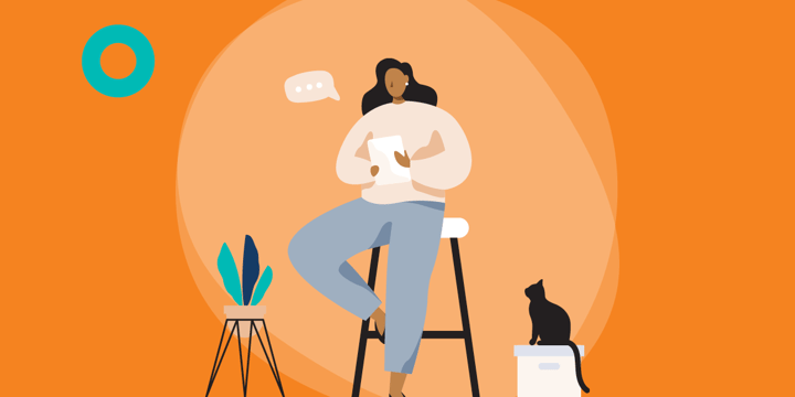 drawing of a woman on a high stool using a tablet and being watched by a cat on a file box