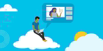 drawing of a man sitting on a cloud looking at a computer screen showing a woman giving a presentation