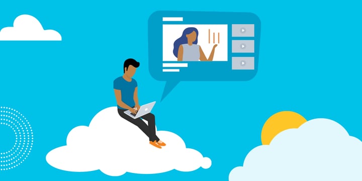 drawing of a man sitting on a cloud looking at a computer screen showing a woman giving a presentation