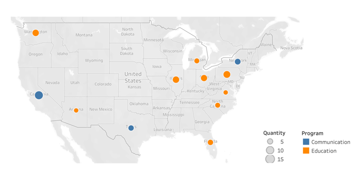 map of the US with blue and orange dots of three sizes