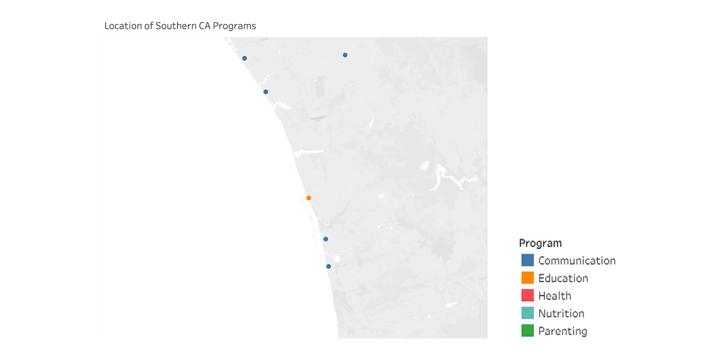 map showing colored dots in the locations in which the corresponding programs were offered