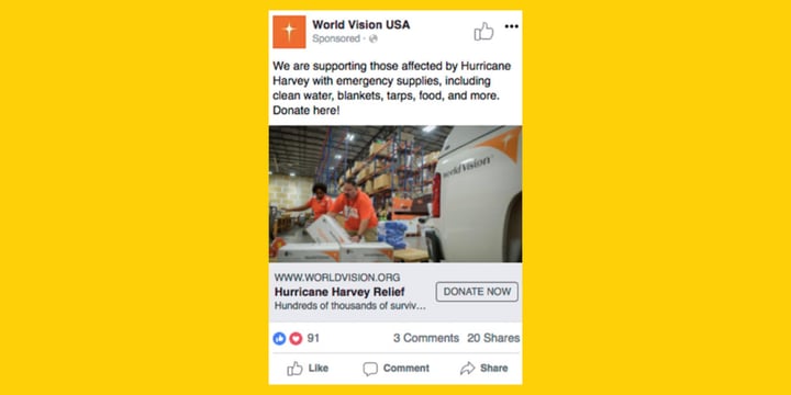 example of a Facebook ad with text, photo, and donate button